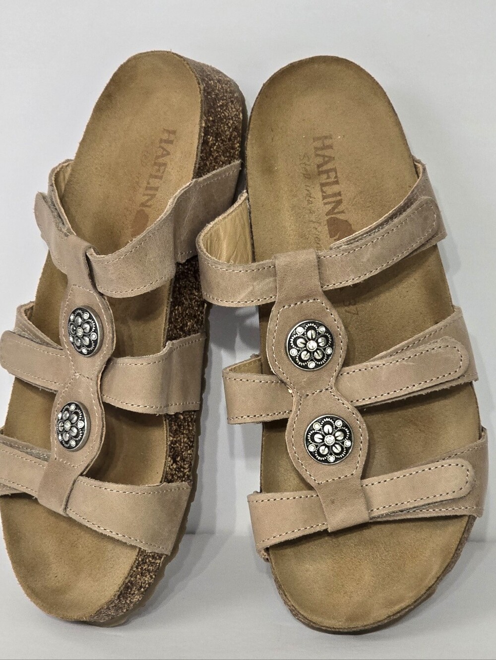 Haflinger Alice Tan Leather Hook Loop Slides Sandals 37 US 6 Concho Rhinestone